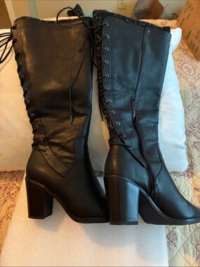 Classic Black Lace-Up Block Heel Knee Boots